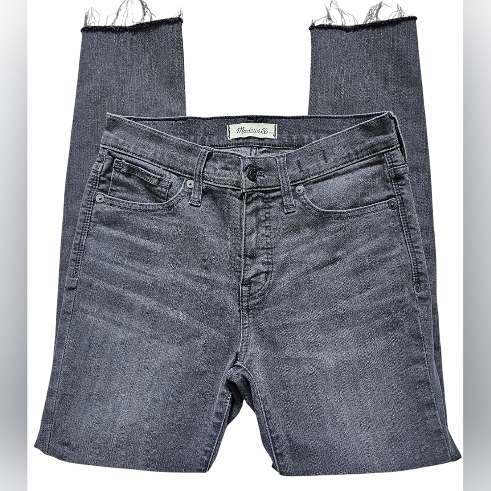 Madwell Black Distressed Jeans " 9" Mid-Rise Skinny" with raw hem, size 26P - Picture 5 of 11